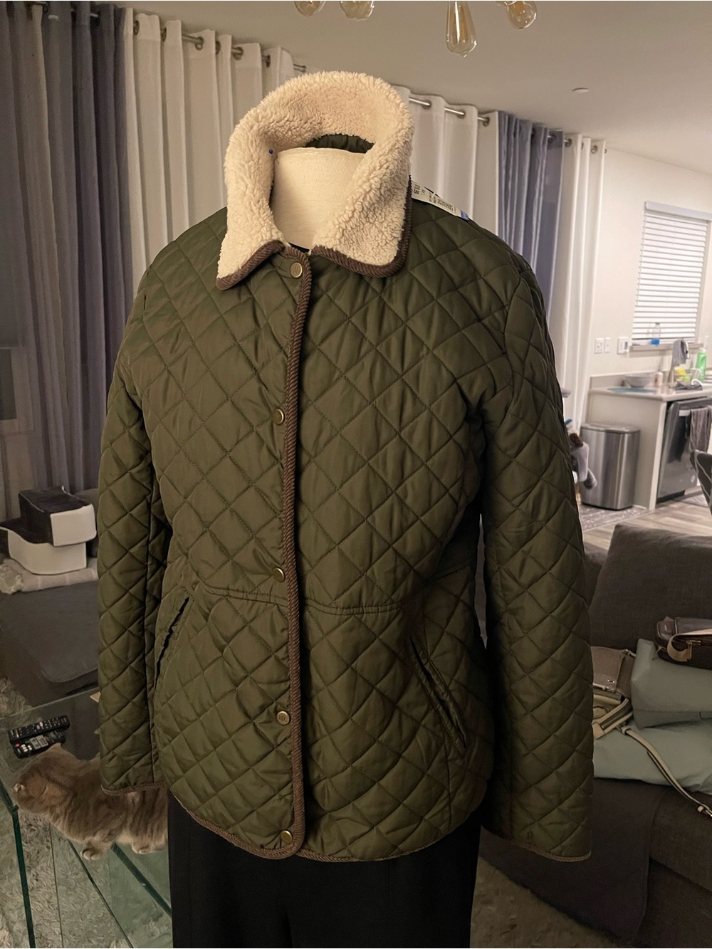 Lauren Ralph Lauren Olive Quilted Puffer Jacket with Cream Sherpa Collar